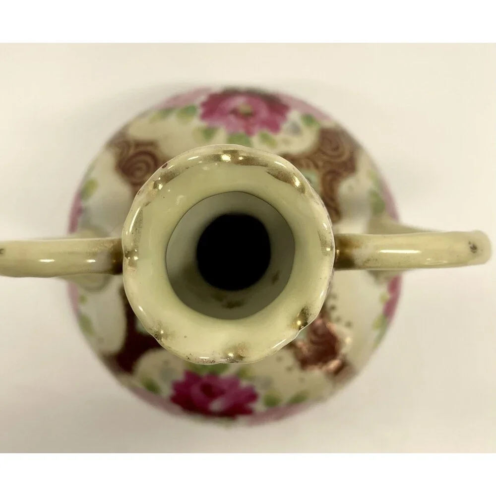 VTG Nagoya Japan Moriage Vase 7.5in Hand Painted Pink Roses Gold Double Handle